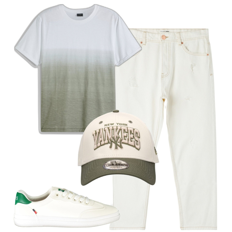 Outfit uomo - Total look #1915000. Stile Casual per Tutti i giorni. Abbinamento con t-shirt, jeans strappati, cappelli, sneakers.