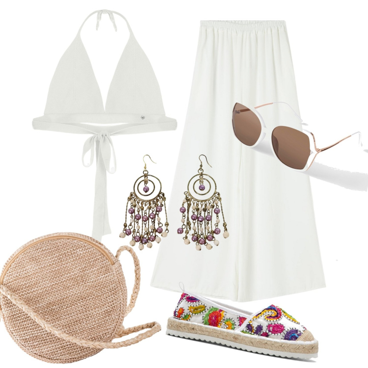 Outfit donna - Total look #1915007. Stile Casual per Mare. Abbinamento con espadrillas, occhiali da sole, borse a tracolla, pantaloni, top, orecchini.