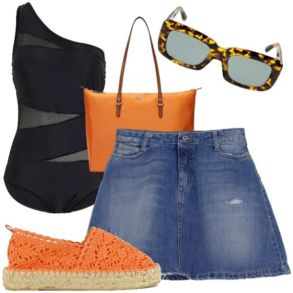 Outfit donna - Intero con stile in città. Stile Chic per Tutti i giorni. Abbinamento con costumi interi, minigonne, borse tote, espadrillas, occhiali da sole.
