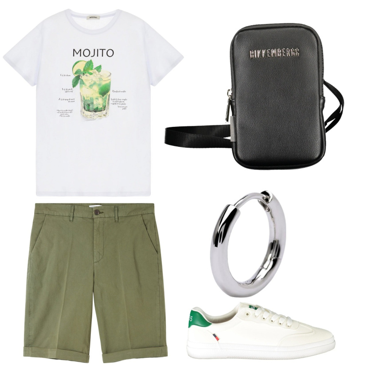 Outfit uomo - T-shirt bianca. Stile Casual per Serata speciale. Abbinamento con bermuda, orecchini, t-shirt, cinture, sneakers.
