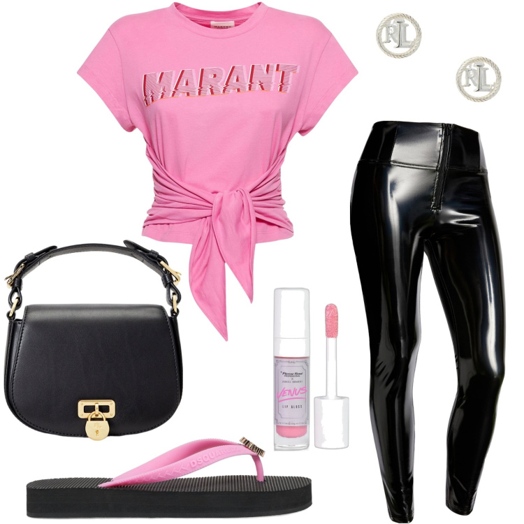 Outfit donna - Skinny neri. Stile Bon Ton per Tutti i giorni. look ideale per Petite. Abbinamento con gloss, pantaloni skinny, borse a tracolla, orecchini, t-shirt, infradito.