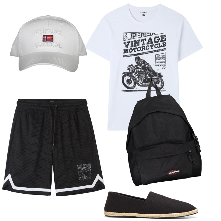 Outfit uomo - Passeggiata con il mio cane. Stile Urban per Tutti i giorni. Abbinamento con espadrillas, t-shirt, bermuda, cappelli con visiera, borse sportive.