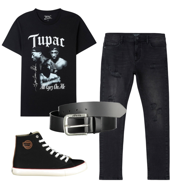 Outfit uomo - Total look #1915023. Stile Urban per Tutti i giorni. Abbinamento con jeans strappati, t-shirt, scarpe sportive, cinture.