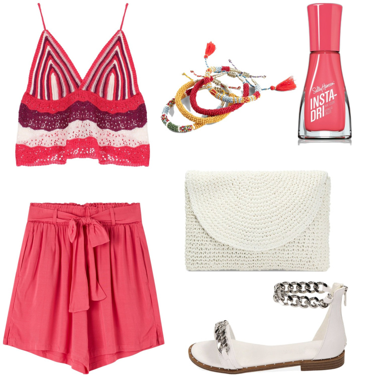Outfit donna - Cherry Red details. Stile Etnico per Tutti i giorni. Abbinamento con braccialetti, smalti, shorts, top, sandali, pochette.