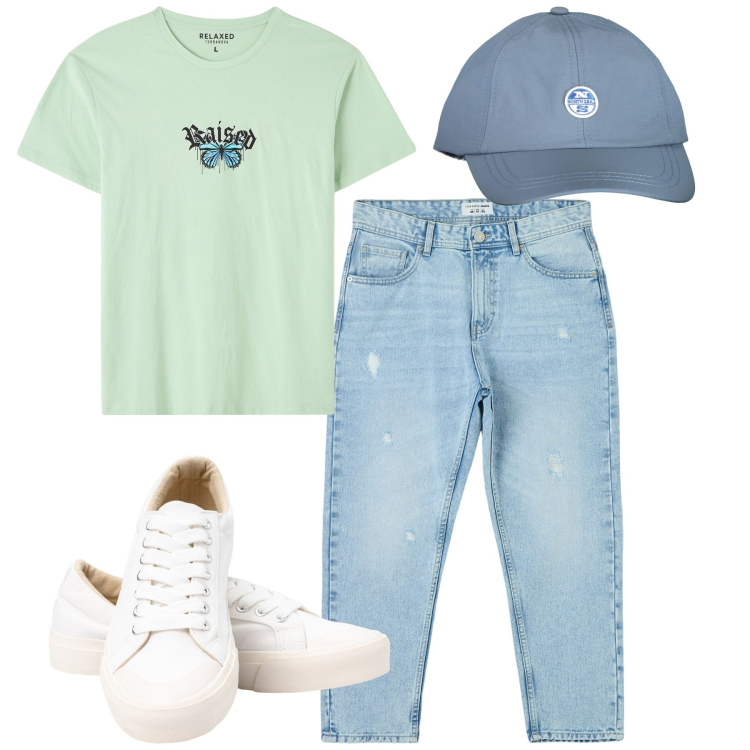 Outfit uomo - Total look #1915027. Stile Casual per Tutti i giorni. Abbinamento con jeans strappati, t-shirt, cappelli con visiera, sneakers.