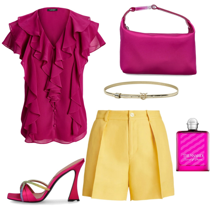 Outfit donna - Total look #1915029. Stile Chic per Serata fuori. Abbinamento con profumi, camicie a manica corta, gonne lunghe, borse a mano, sandali in pelle, cinture.