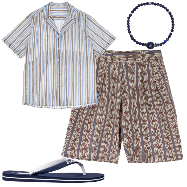 Outfit uomo - Total look #1915036. Stile Trendy per Tutti i giorni. Abbinamento con braccialetti, bermuda, camicie a manica corta, sandali.
