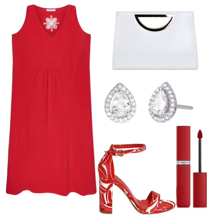 Outfit donna - Cherry red details. Stile Basic per Serata fuori. Abbinamento con rossetti, orecchini, sandali col tacco, pochette, vestiti lunghi.