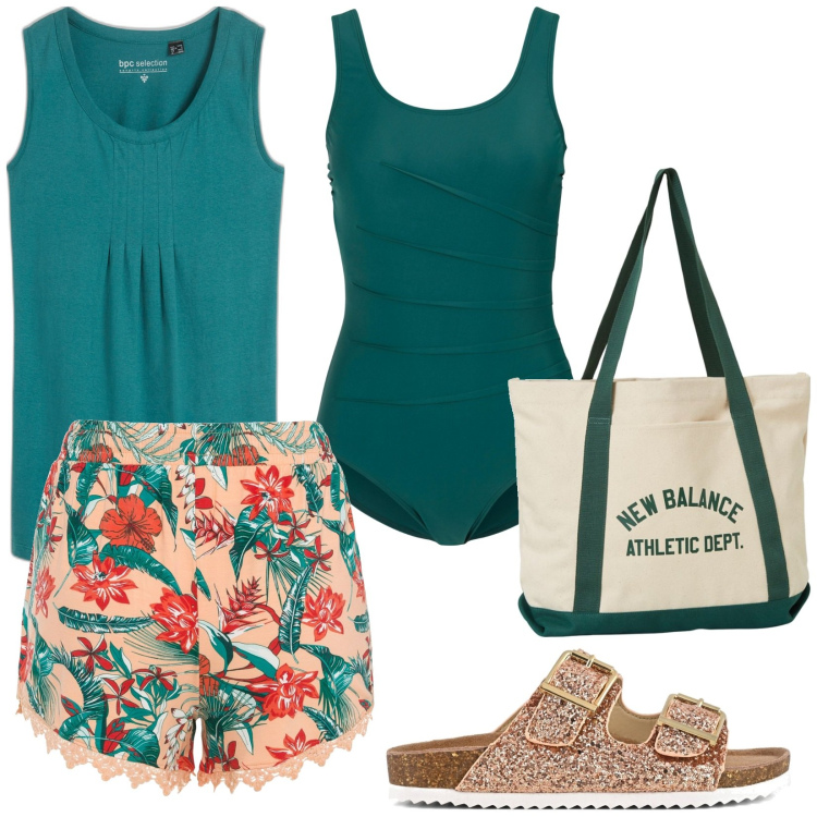 Outfit donna - Total look #1915053. Stile Casual per Mare. Abbinamento con costumi interi, top, shorts, borse tote, sandali.