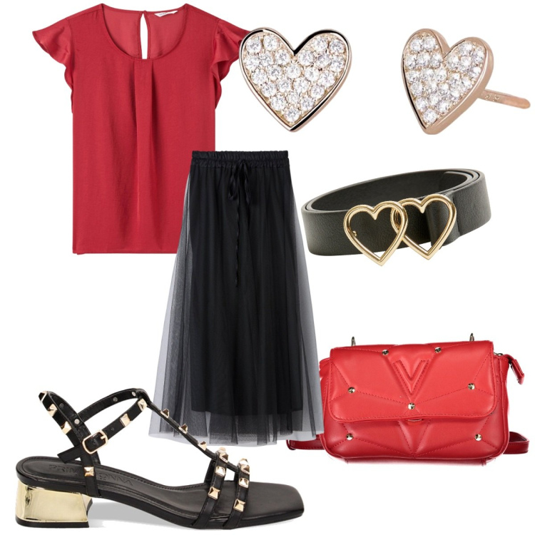 Outfit donna - Cherry Red Details. Stile Casual chic per Tutti i giorni. Abbinamento con bluse, gonne lunghe, cinture, orecchini, sandali col tacco, borse a tracolla.