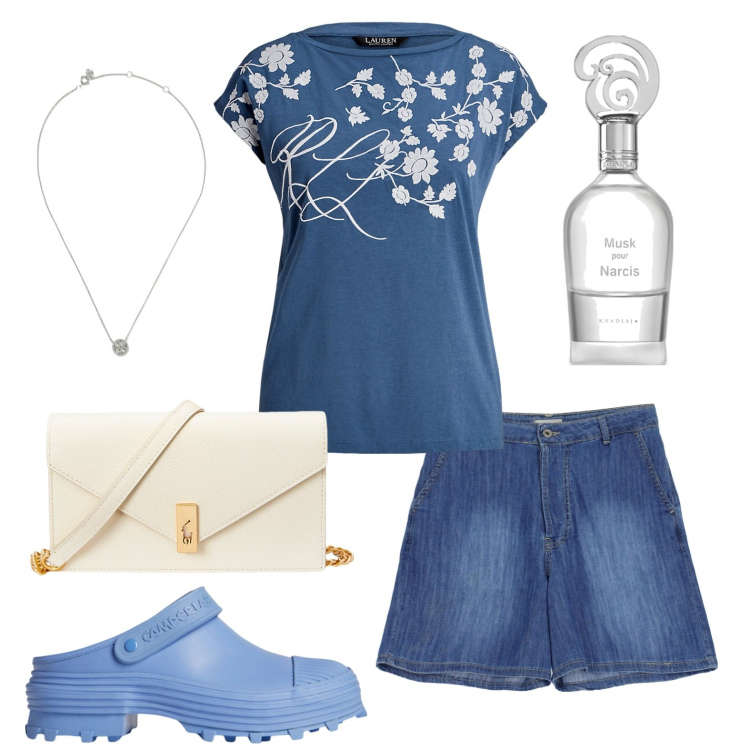 Outfit donna - Short in jeans. Stile Boho per Tutti i giorni. look ideale per Petite. Abbinamento con profumi, shorts, clutch, t-shirt, collane, zoccoli.