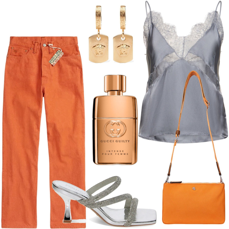 Outfit donna - Serata. Stile Bon Ton per Tutti i giorni. look ideale per Petite. Abbinamento con profumi, pantofole, borse a tracolla, jeans dritti, top, orecchini.