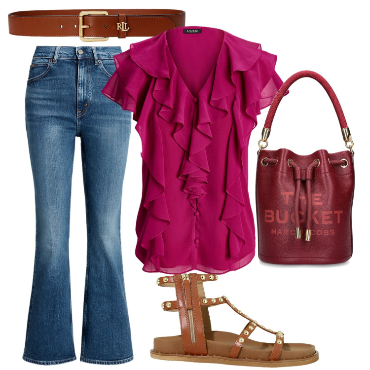 Outfit donna - Cherry Red per l\'ufficio. Stile Casual per Ufficio. Abbinamento con sandali, jeans, camicie a manica corta, cinture, borse a secchiello.