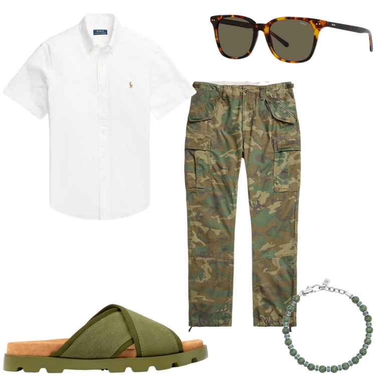 Outfit uomo - Pantalone militare e camicia. Stile Trendy per Tutti i giorni. Abbinamento con braccialetti, camicie, occhiali da sole, pantaloni cargo, sandali.