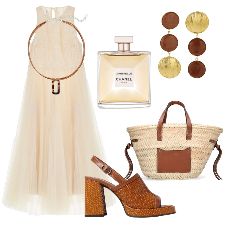 Outfit donna - L’abito “nuvola”. Stile Chic per Serata fuori. Abbinamento con profumi, vestiti midi/longuette, ciondoli, shopping bag, orecchini, sandali in pelle.