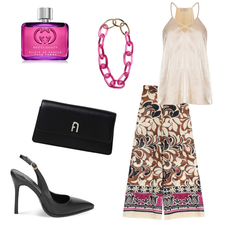 Outfit donna - Una pennellata di fuxia. Stile Casual chic per Serata fuori. Abbinamento con profumi, top, décolleté, pantaloni a palazzo, clutch, collane.