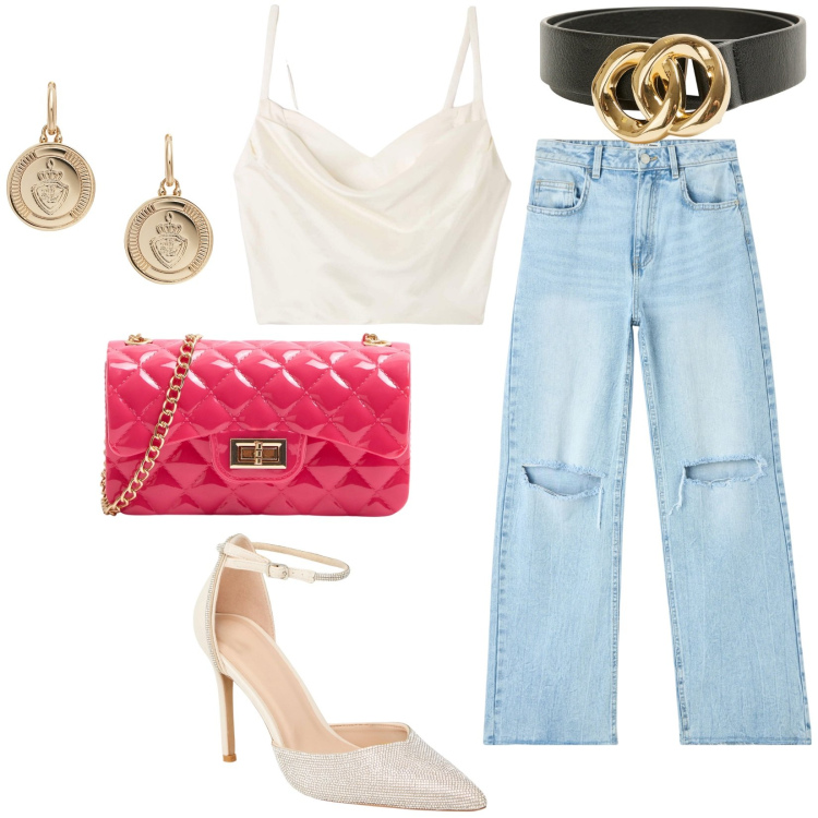 Outfit donna - Total look #1915127. Stile Casual per Tutti i giorni. Abbinamento con jeans strappati, borse a tracolla, décolleté, top, cinture, orecchini.