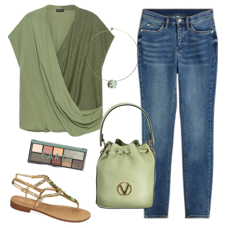 Outfit donna - Verde brillante. Stile Casual per Tutti i giorni. Abbinamento con jeans skinny, ombretti, ciabatte, ciondoli, bluse, borse a spalla.