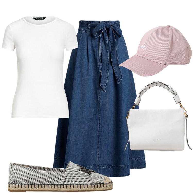 Outfit donna - Colazione con le amiche. Stile Basic per Tutti i giorni. Abbinamento con t-shirt, gonne, borse a spalla, espadrillas, cappelli.
