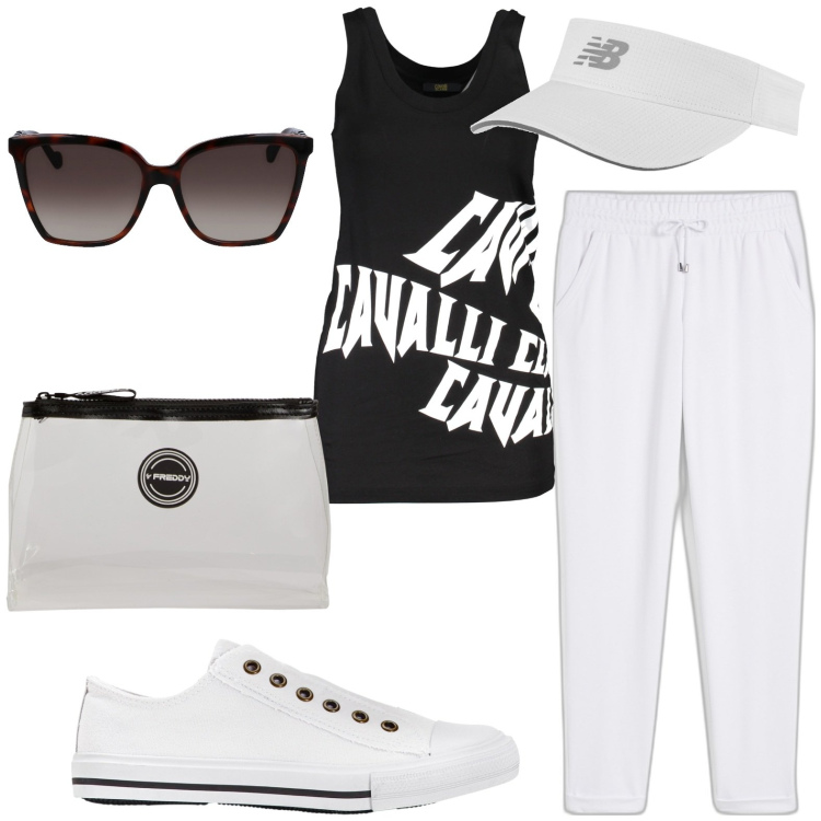 Outfit donna - Total look #1915141. Stile Trendy per Tutti i giorni. Abbinamento con sneakers, pantaloni, cappelli con visiera, valigie, canottiere, occhiali da sole.