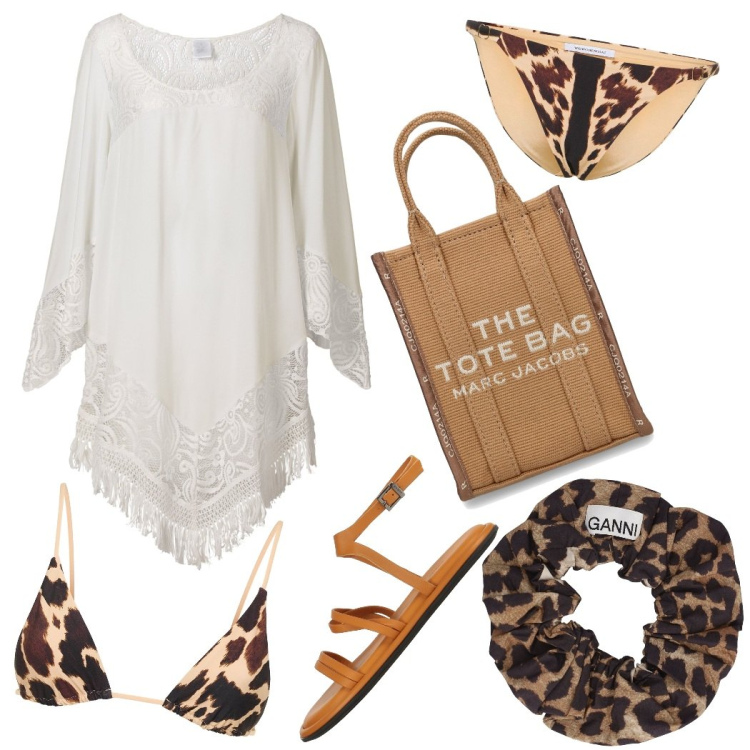 Outfit donna - Ferie al mare. Stile Romantica per Mare. Abbinamento con vestiti da spiaggia, sandali in pelle, accessori per capelli, bikini, borse tote, bikini.
