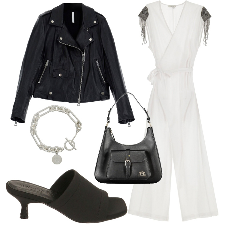 Outfit donna - Tuta incrociata. Stile Boho per Tutti i giorni. look ideale per Petite. Abbinamento con giacche, pantofole, tute, braccialetti, borse a spalla.