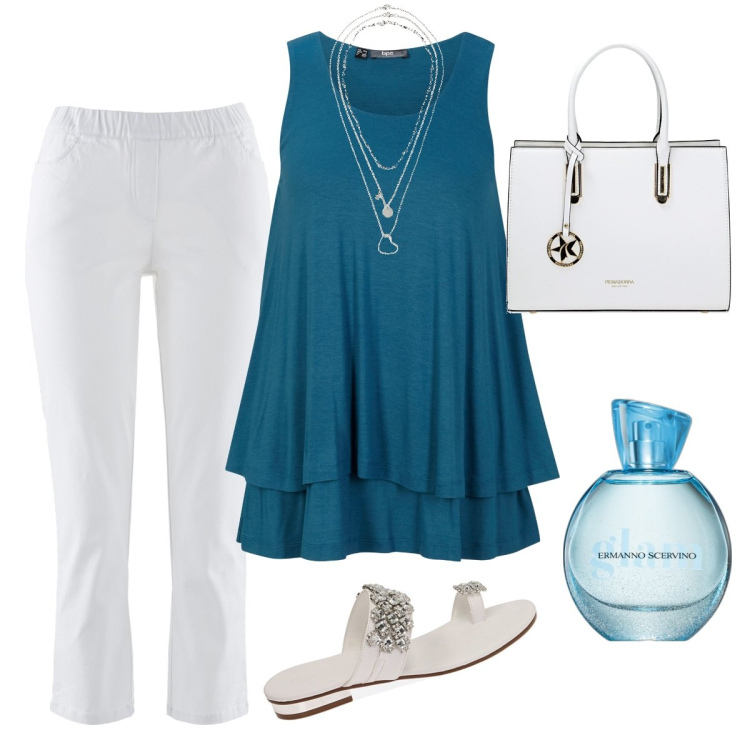 Outfit donna - Canotta doppia falda. Stile Casual chic per Serata fuori. Abbinamento con pantaloni, collane, top, profumi, sandali gioiello, borse a mano.