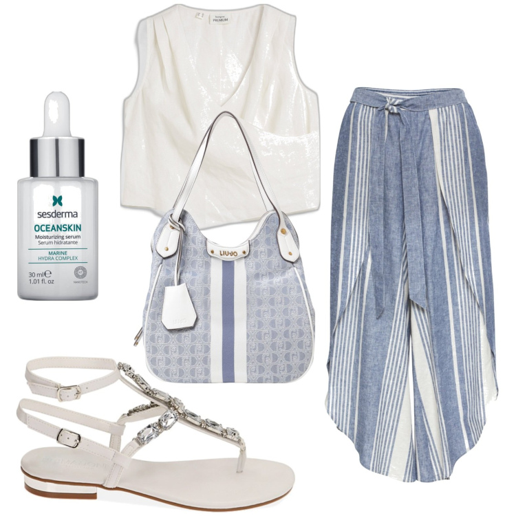 Outfit donna - Pantalone a tulipano. Stile Boho per Tutti i giorni. look ideale per Petite. Abbinamento con pantaloni a palazzo, top, fondotinta, ciabatte, borse a spalla.