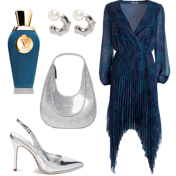 Outfit donna - Abito asimmetrico. Stile Boho per Tutti i giorni. look ideale per Petite. Abbinamento con profumi, vestiti asimmetrici, décolleté, borse a spalla, orecchini.
