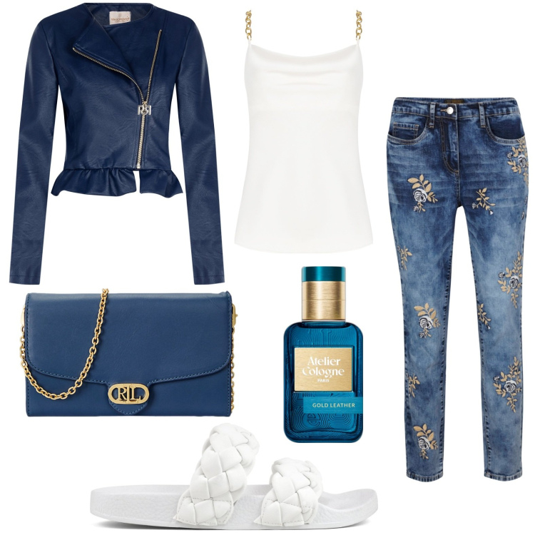 Outfit donna - Giacca rinascimento. Stile Basic per Tutti i giorni. look ideale per Petite. Abbinamento con jeans, profumi, blazer, top, borse a tracolla, ciabatte.