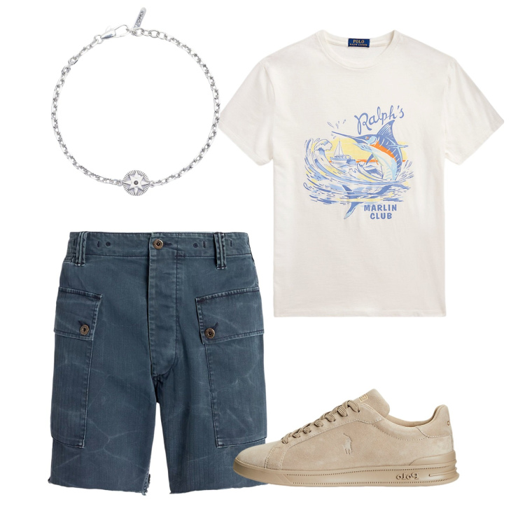 Outfit uomo - Pomeriggio. Stile Casual per Tutti i giorni. Abbinamento con braccialetti, sneakers, t-shirt, shorts.