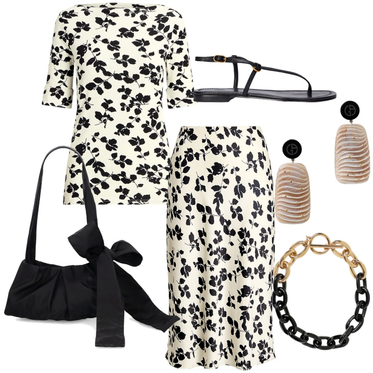 Outfit donna - Total look #1915180. Stile Chic per Serata fuori. Abbinamento con sandali in pelle, gonne, t-shirt, orecchini, borse a spalla, collane.