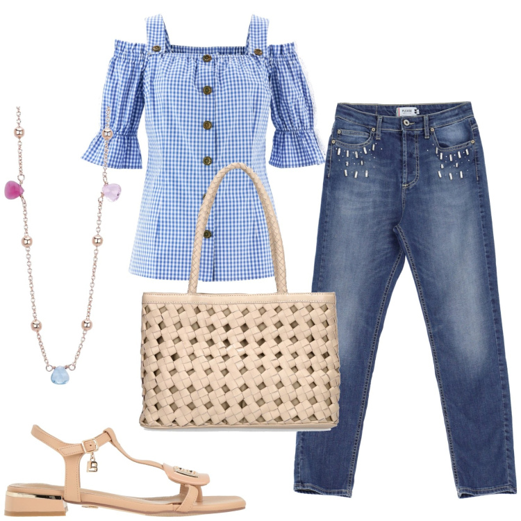 Outfit donna - Total look #1915182. Stile Casual per Tutti i giorni. Abbinamento con camicie a manica corta, sandali, collane, jeans slim fit, borse a spalla.