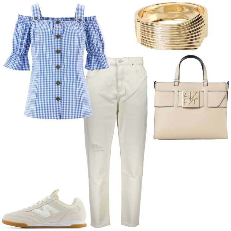 Outfit donna - Total look #1915188. Stile Casual per Ufficio. Abbinamento con camicie a manica corta, sneakers, borse a mano, braccialetti, jeans mom.