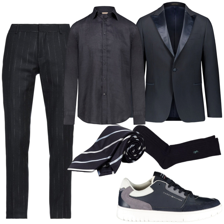 Outfit uomo - Street style giacca formale e sneakers. Stile Business/Elegante per Serata speciale. Abbinamento con pantaloni, calzini, camicie, abiti, cravatte, scarpe sportive.