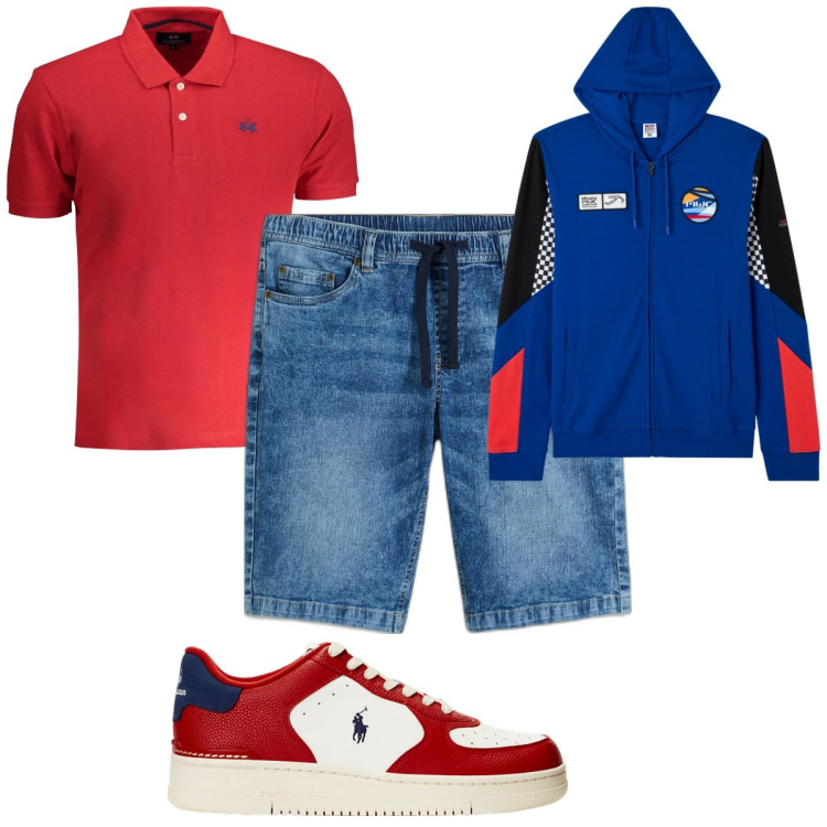 Outfit uomo - Total look #1915226. Stile Trendy per Tutti i giorni. Abbinamento con bermuda, felpe con cappuccio, sneakers, polo.