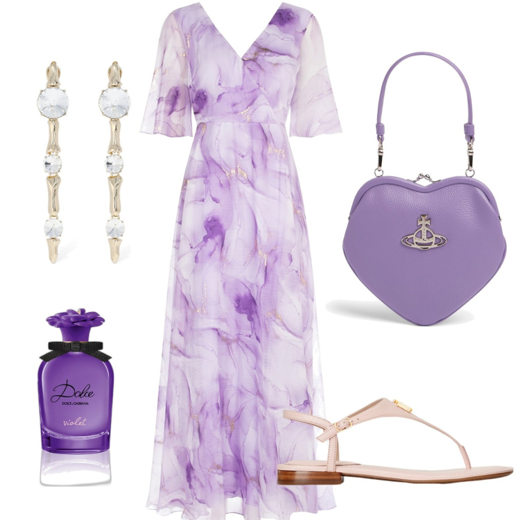 Outfit donna - Serata elegante. Stile Bon Ton per Tutti i giorni. look ideale per Petite. Abbinamento con profumi, vestiti lunghi, sandali in pelle, orecchini, borse a mano.