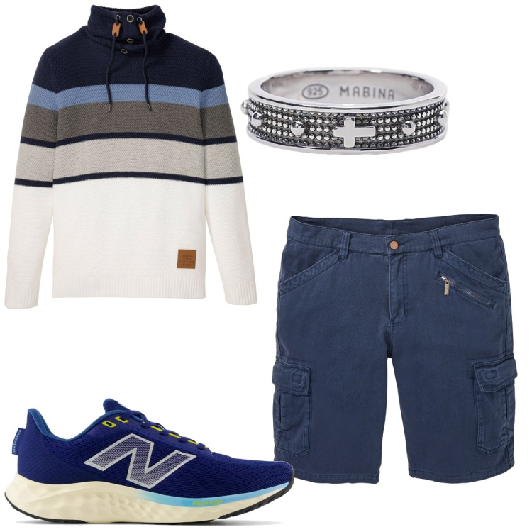 Outfit uomo - Total look #1915233. Stile Trendy per Tutti i giorni. Abbinamento con maglieria, bermuda, anelli, sneakers.