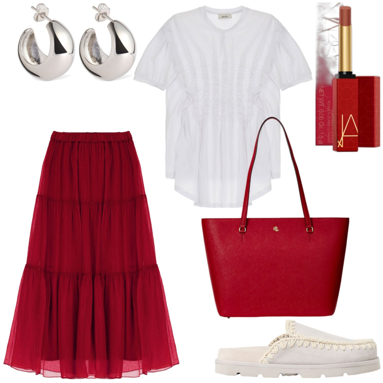 Outfit donna - Giornata in gonna. Stile Boho per Tutti i giorni. look ideale per Petite. Abbinamento con rossetti, borse tote, gonne lunghe, t-shirt, orecchini, pantofole.