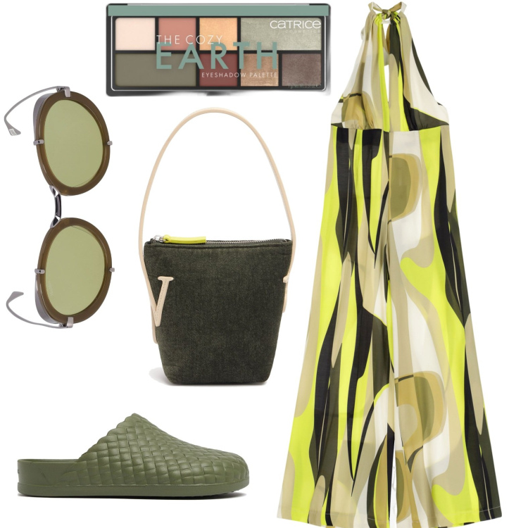 Outfit donna - Tuta fantasia. Stile Boho per Tutti i giorni. look ideale per Petite. Abbinamento con ombretti, tute, occhiali da sole, pantofole, borse a spalla.