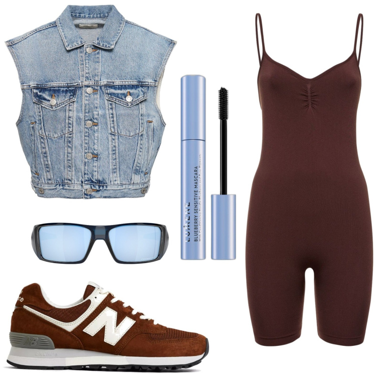 Outfit donna - Sportiva. Stile Boho per Tutti i giorni. look ideale per Petite. Abbinamento con mascara, sneakers, occhiali da sole, tuta corta, gilet.