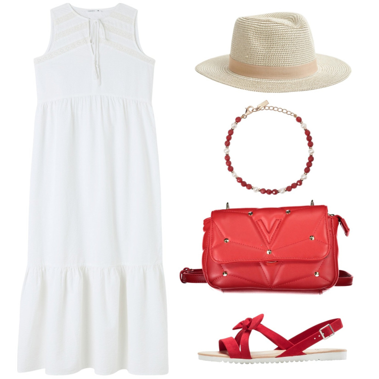 Outfit donna - Accessori rossi. Stile Casual per Tutti i giorni. Abbinamento con sandali, vestiti midi/longuette, cappelli, braccialetti, borse a tracolla.