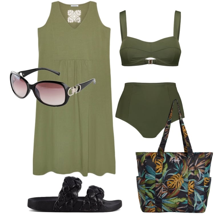 Outfit donna - Stamattina al mare. Stile Casual chic per Mare. Abbinamento con occhiali da sole, shopping bag, bikini, vestiti lunghi, ciabatte.