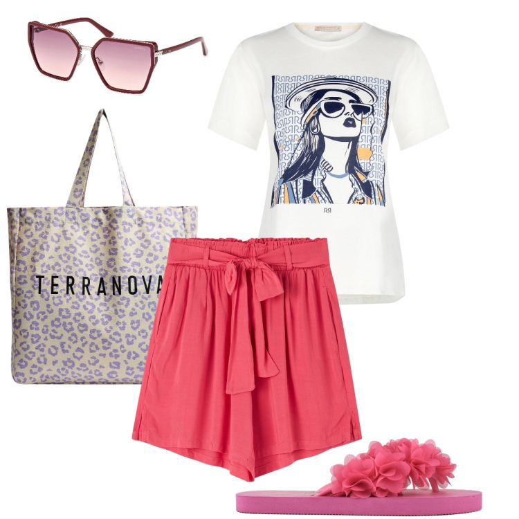 Outfit donna - Le ciabattine con i fiori. Stile Casual chic per Mare. Abbinamento con shorts, shopping bag, t-shirt, infradito, occhiali da sole.