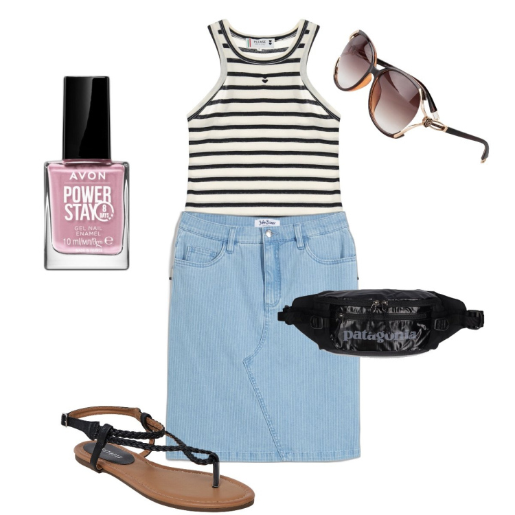 Outfit donna - La gonna gessata. Stile Basic per Tutti i giorni. Abbinamento con occhiali da sole, gonne, smalti, ciabatte, top, marsupi.