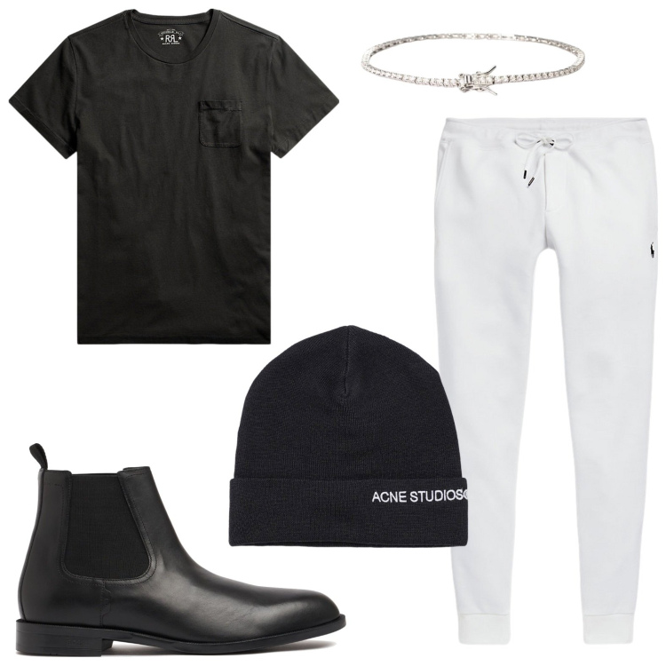 Outfit uomo - Street style. Stile Biker Rock per Tutti i giorni. Abbinamento con braccialetti, t-shirt, pantaloni, stivali e stivaletti, cappelli.