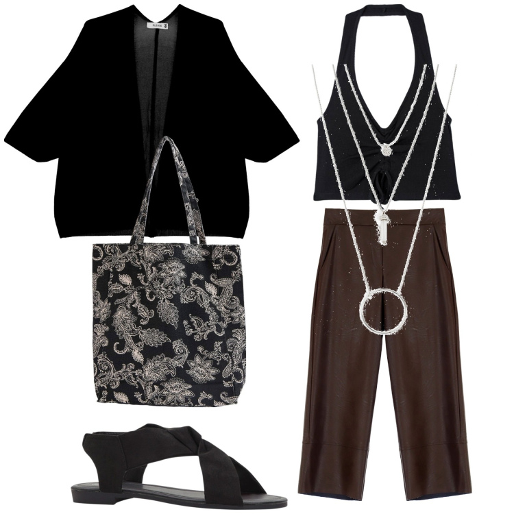 Outfit donna - Total look #1915292. Stile Casual chic per Tutti i giorni. Abbinamento con ciondoli, sandali, shopping bag, top, cardigans, pantaloni.