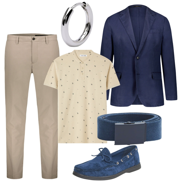 Outfit uomo - Pomeriggio fresco. Stile Casual per Tutti i giorni. Abbinamento con scarpe stringate, t-shirt, cinture, orecchini, pantaloni, giacche.