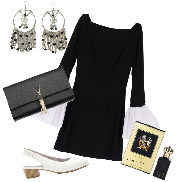 Outfit donna - Che profumo. Stile Glamour per Serata fuori. Abbinamento con décolleté, profumi, vestiti, orecchini, borse a mano.
