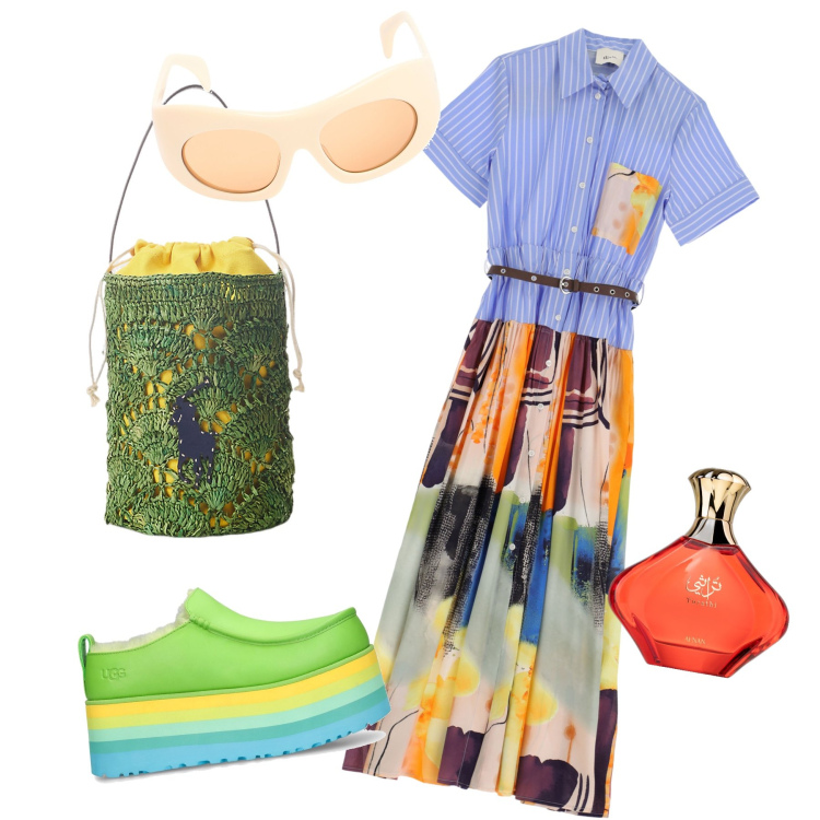 Outfit donna - Outfit w i colori. Stile Trendy per Tutti i giorni. Abbinamento con profumi, vestiti lunghi, borse a secchiello, zeppe, occhiali da sole.